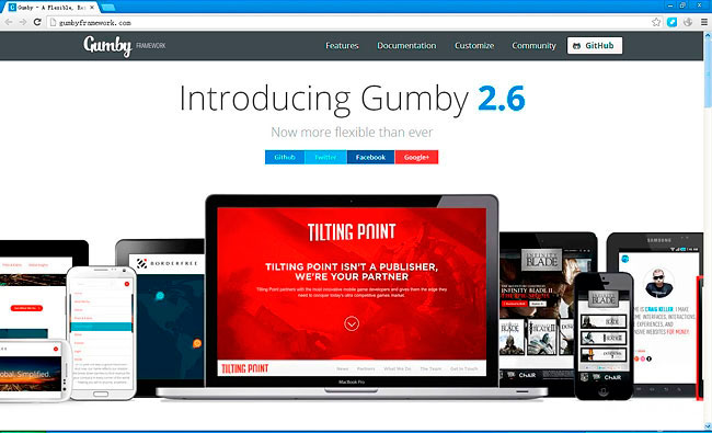 Gumby 2是一个响应式的960px-grid CSS网格框架,它和Twitter Bootstrap非常相似,它配备有非常好的按钮、表单、导航和一个携带着这些模块的小小的Javascript文件。
